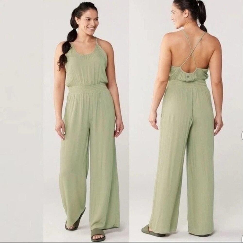 PrAna Jumpsuit Women Small Fernie Wide Leg Sage Green Tencel Modal Smocked Waist